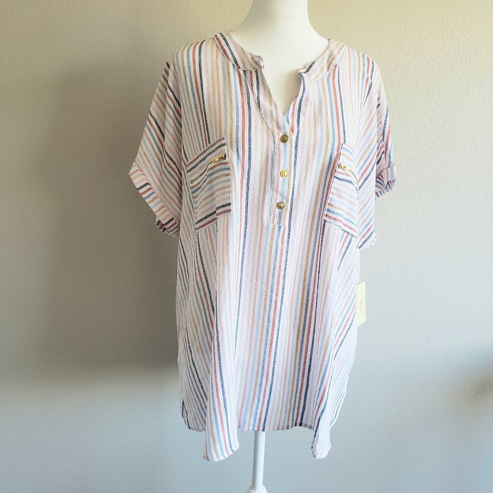 New Flower & Feather Blouse Size 3XL Lightweight Crepe Stripe Pockets Zips NWT
